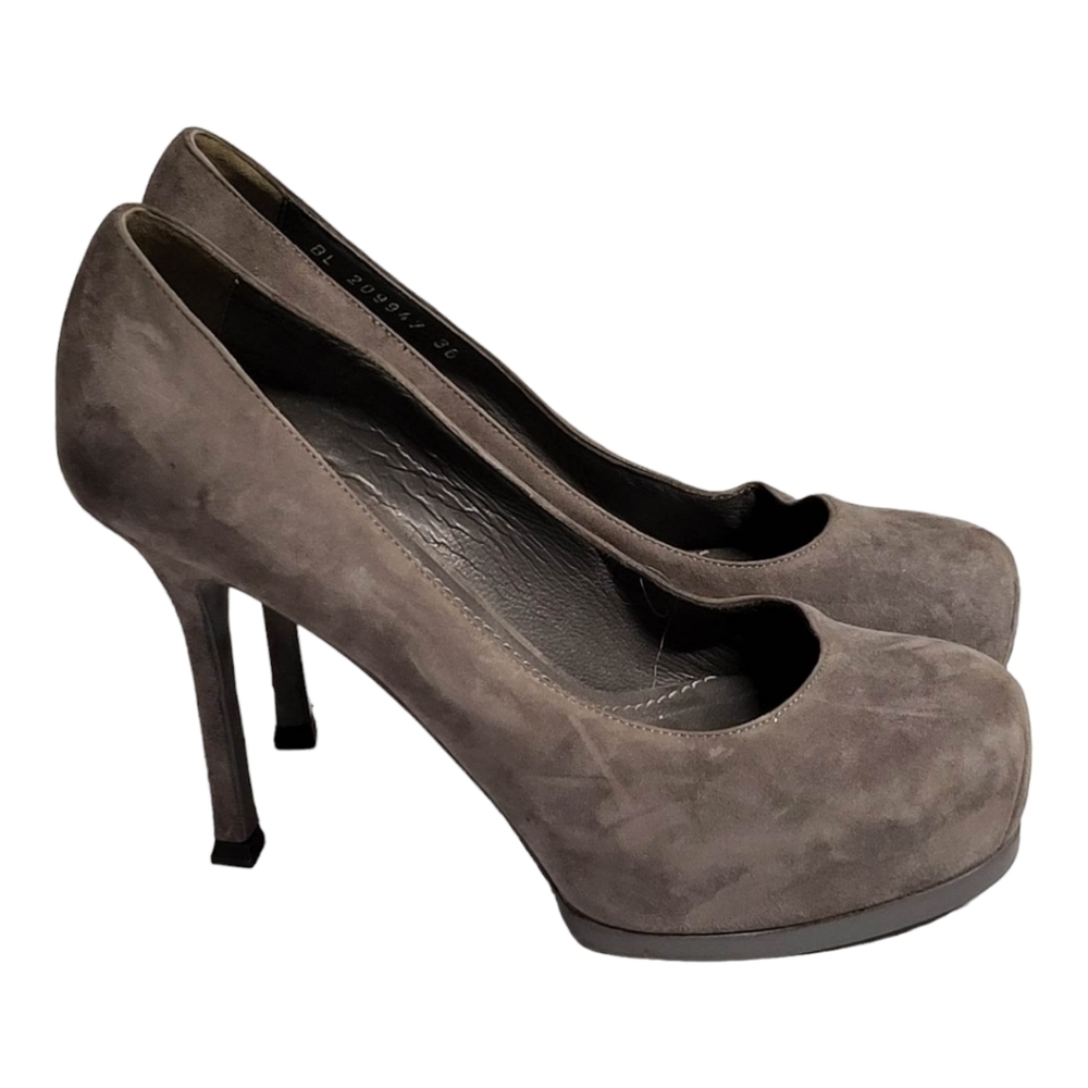 Yves Saint Laurent Womens Tribute Platform Slip On Pumps Gray Suede SZ‎ 36